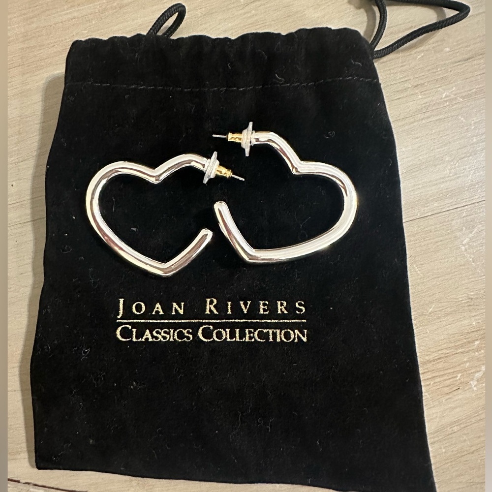 Joan Rivers Silver‎ Toned Heart Shaped Hoop Earrings NWT with pouch